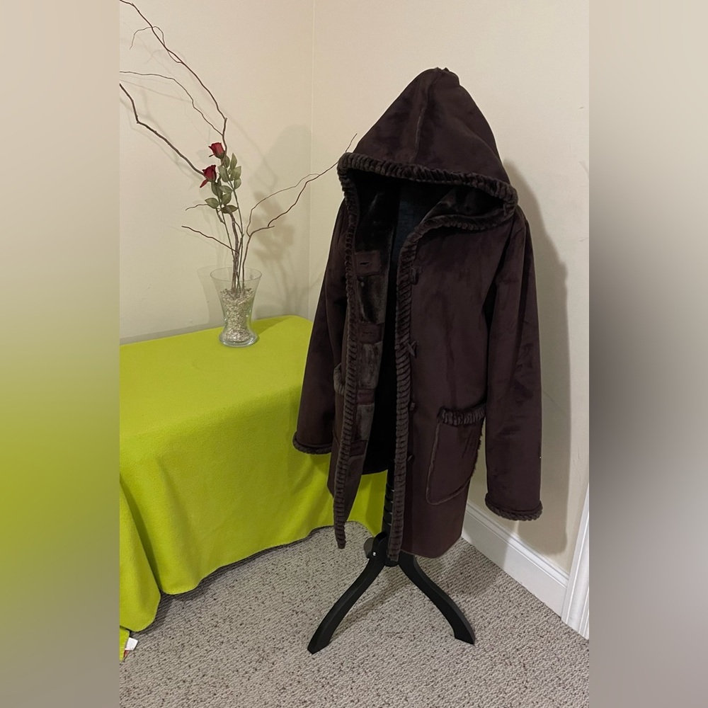 Brown suede like material women jacket with hood